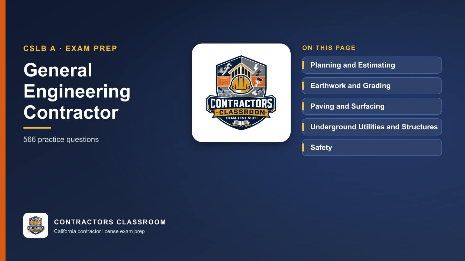 Contractors Classroom logo with the general engineering contractor practice categories: Planning and Estimating, Earthwork and Grading, Paving and Surfacing and Underground Utilities and Structures