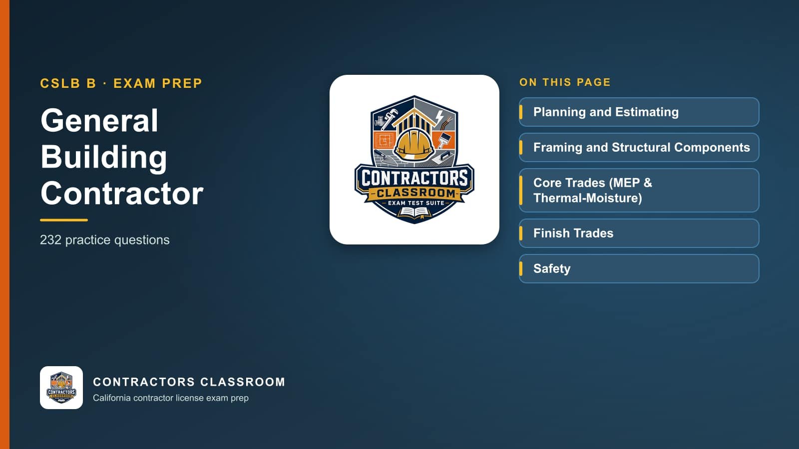 Contractors Classroom logo with the general building contractor practice categories: Planning and Estimating, Framing and Structural Components, Core Trades (MEP & Thermal-Moisture) and Finish Trades