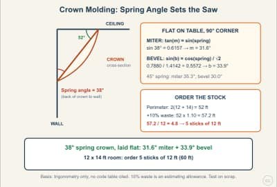 Lesson diagram: Crown Molding: Spring Angle and Compound Miter Settings