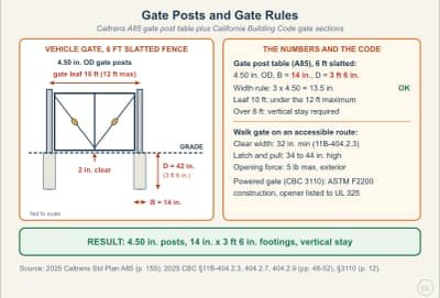Diagrama de la lección: Gates: Gate Posts, Width Limits, and California Building Code Gate Rules