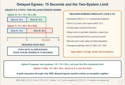 Diagrama de la lección: Delayed Egress Locks: The 15-Second Rule, the Sign, and the Path Limit