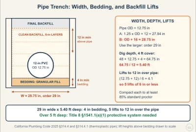 Lesson diagram: Pipe Trench Width, Bedding, and Backfill Lifts