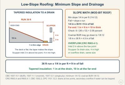 Diagrama de la lección: Low-Slope Roofing: Minimum Slope and Drainage