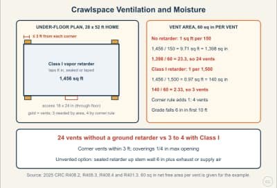 Lesson diagram: Crawlspace Ventilation, Vapor Retarder and Site Drainage