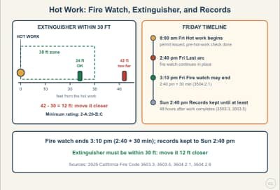 Diagrama de la lección: Hot Work: Permit, Fire Watch Timing, and the Extinguisher Rule
