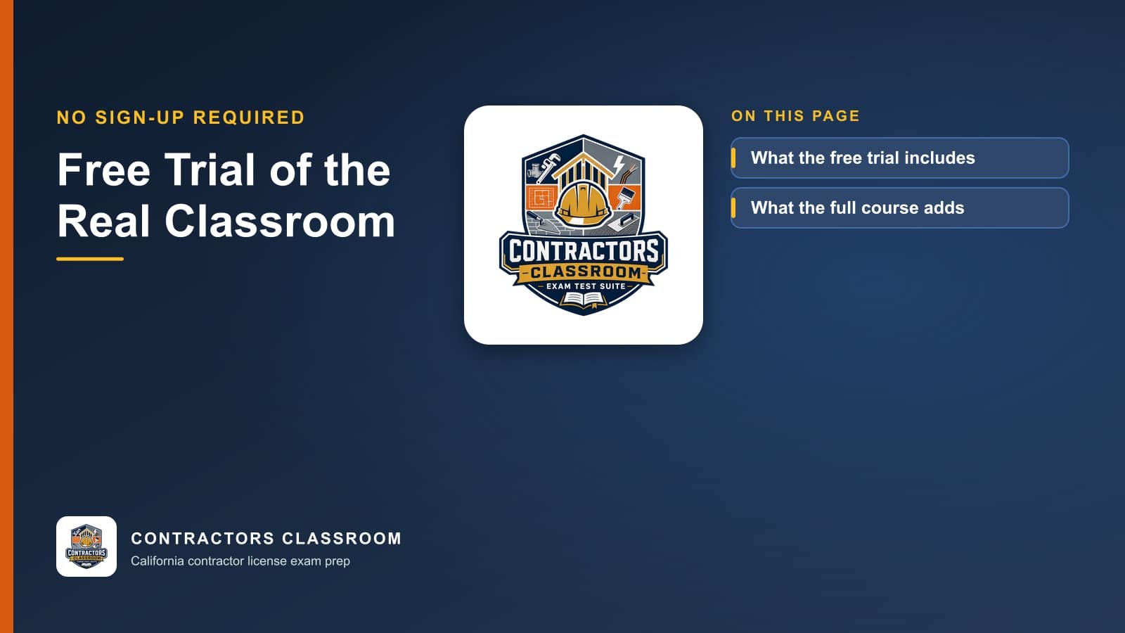 Contractors Classroom logo with the topics of this page: What the free trial includes and What the full course adds